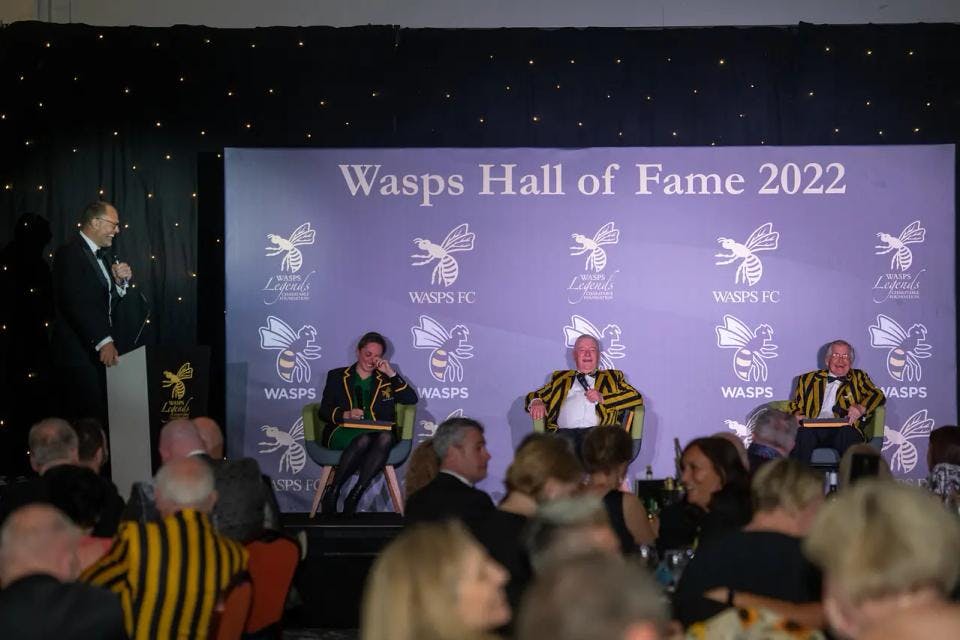 Sue Day, Mike Ireland, Geoff Strange and Martin Bayfield on stage at Wasps Legends Hall of Fame 2022, in Coventry